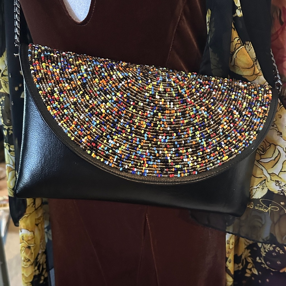 Multicolor Beaded Black Leather Clutch • Made in Africa • Like New